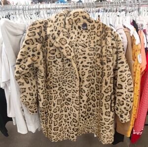 80s 90s Y2k Faux-fur Tan Leopard Print Teddy Jacket Swing Coat Cuff Sleeves